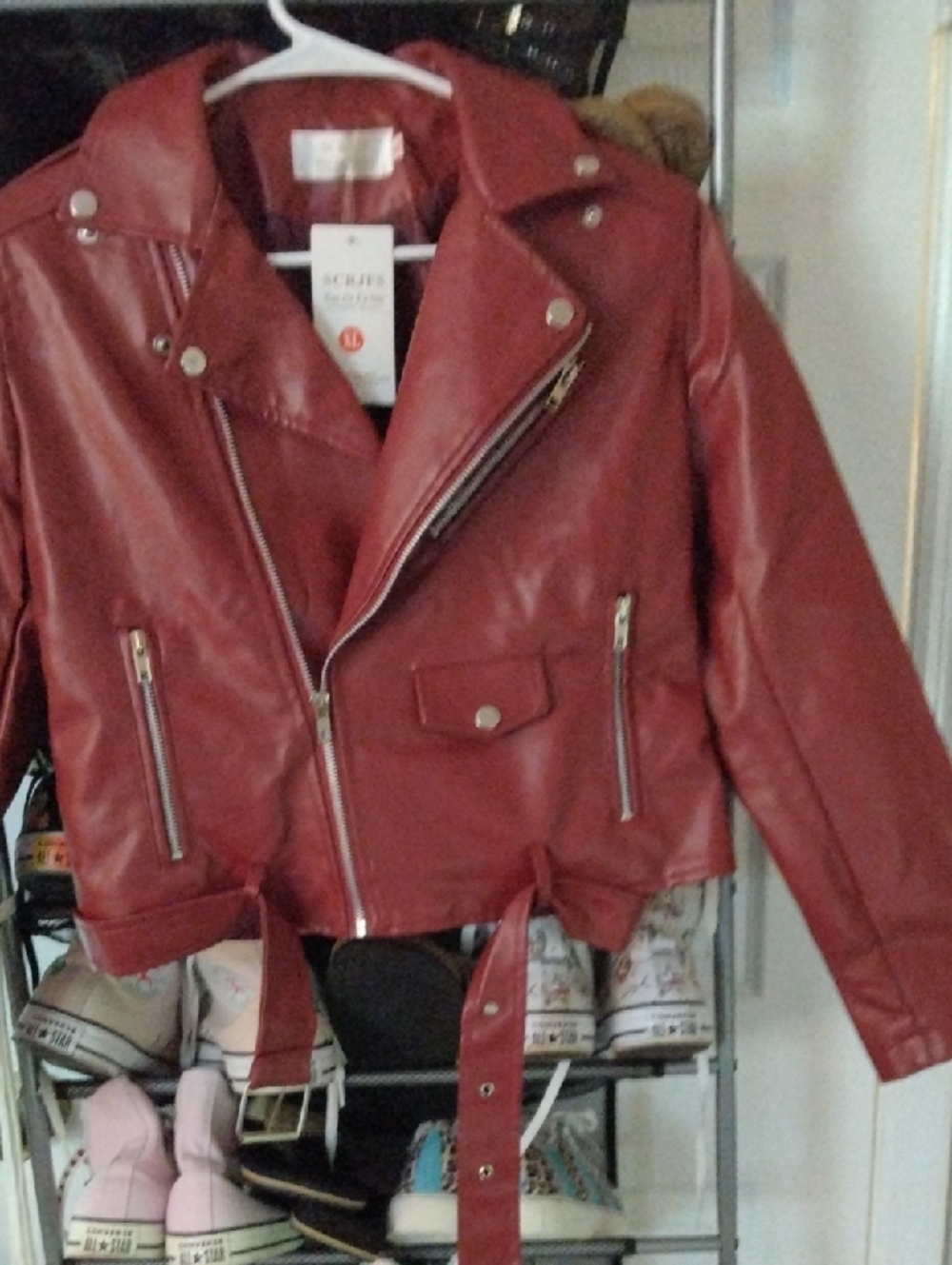 Source Unknown Red Faux Leather Moto Jacket with Belt Detail